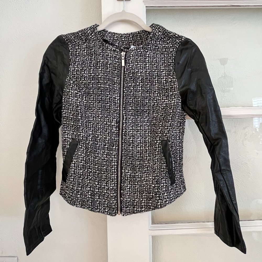 Divided Faux Leather and Tweed Jacket - XS - Black and White